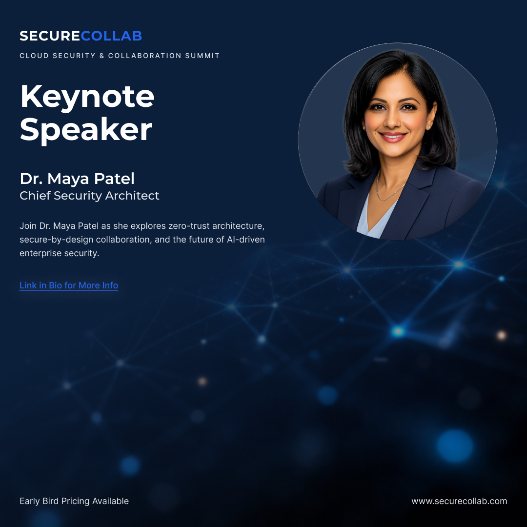 Professional event banner for a cloud security and collaboration summit featuring a keynote speaker against a dark blue background.