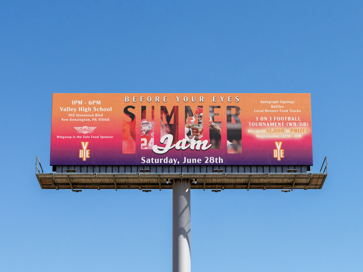 A series of pink and orange billboard advertisements against a bright blue sky.