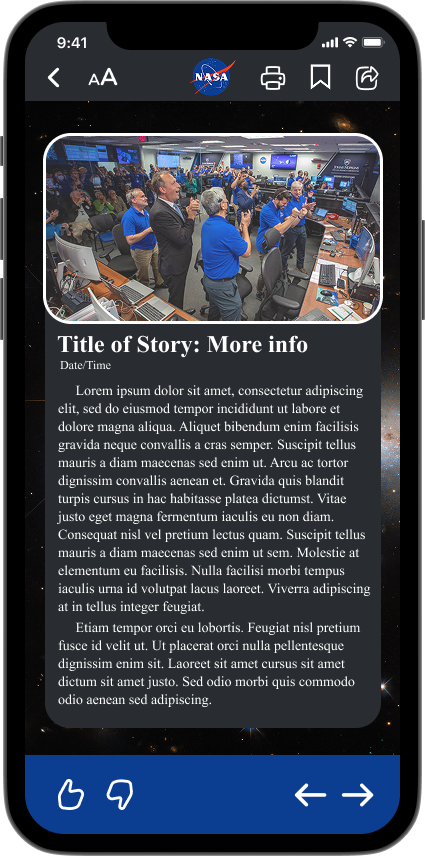 A crowded NASA mission control room with staff in blue shirts gathered around computer workstations during an operation.