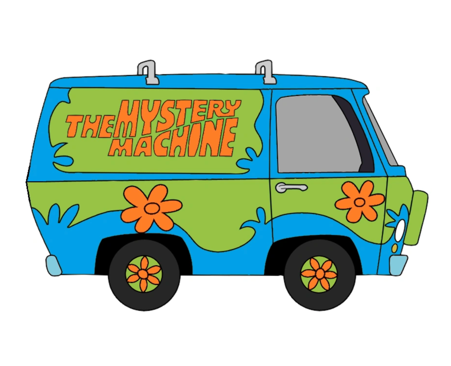 Cartoon illustration of the Mystery Machine van from Scooby-Doo with green and blue paint and orange flower decorations.