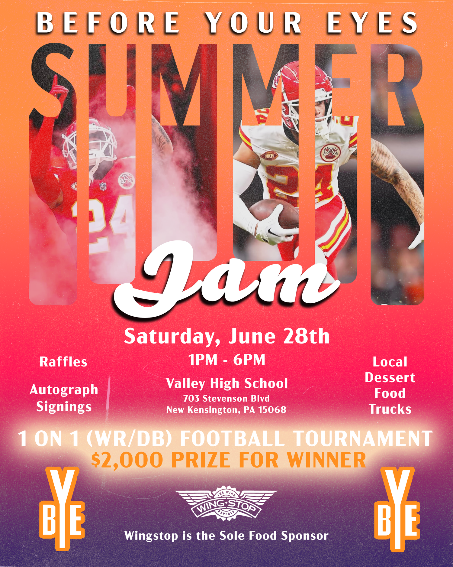 A bright red and orange sports banner advertising a summer football tournament with text and event details.