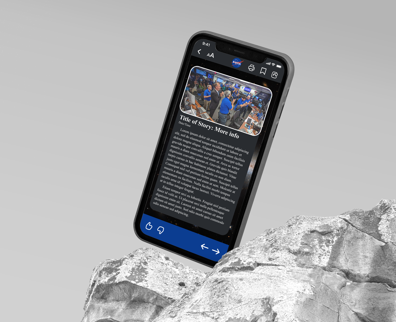 A mobile phone displaying dark text on a screen rests against an icy mountain background.