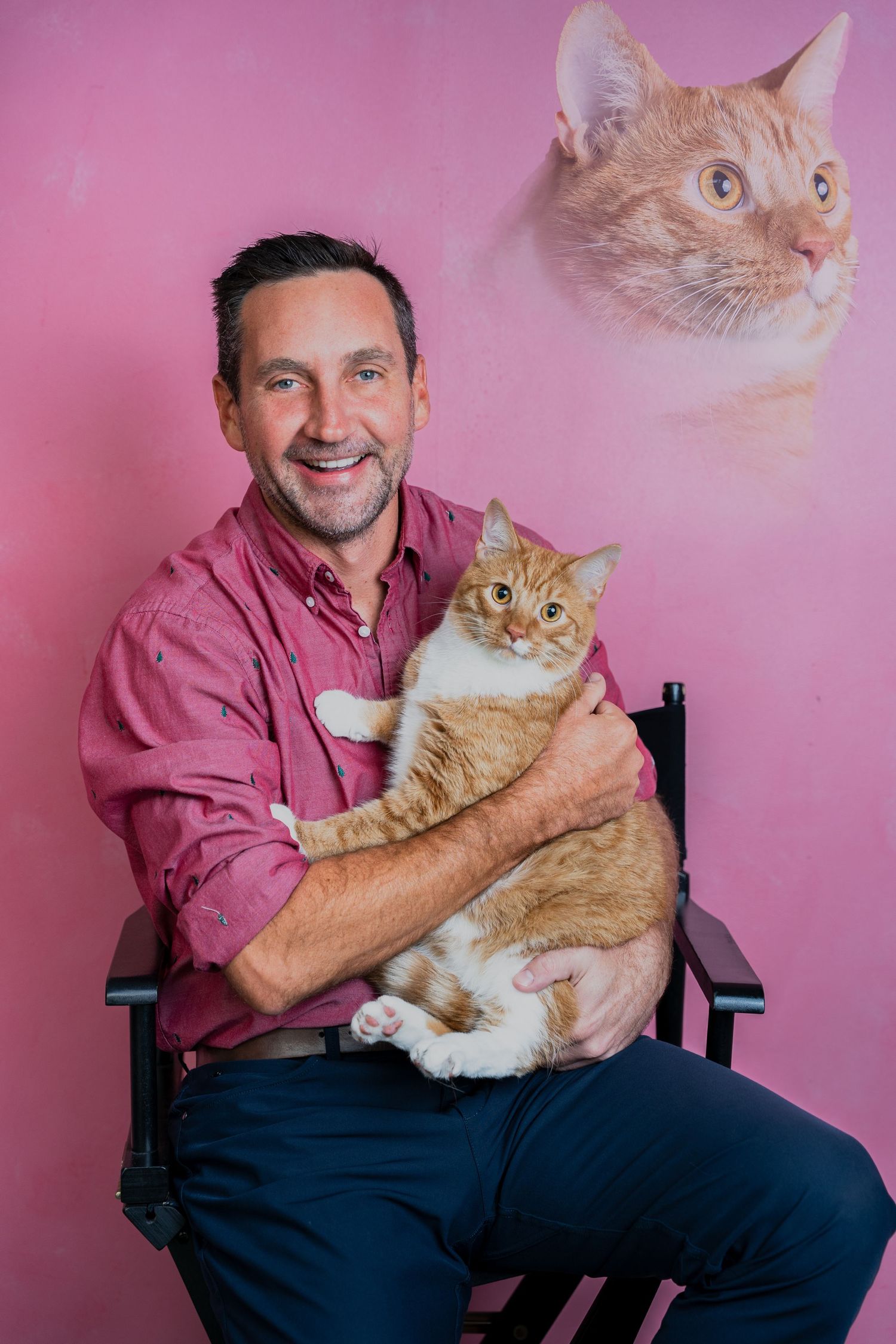 A ginger cat and person in pink shirt pose together against pink backdrop in a series of studio portraits.