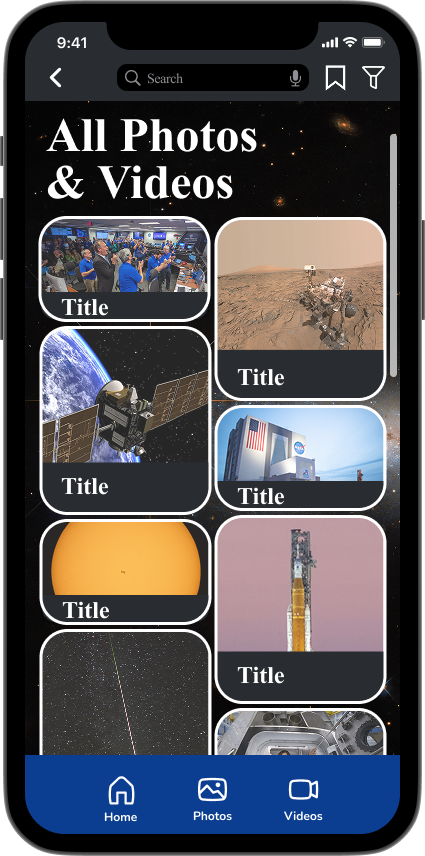 A smartphone screen displaying a photo gallery app with space-themed images including Mars rovers, satellites, and celestial objects.