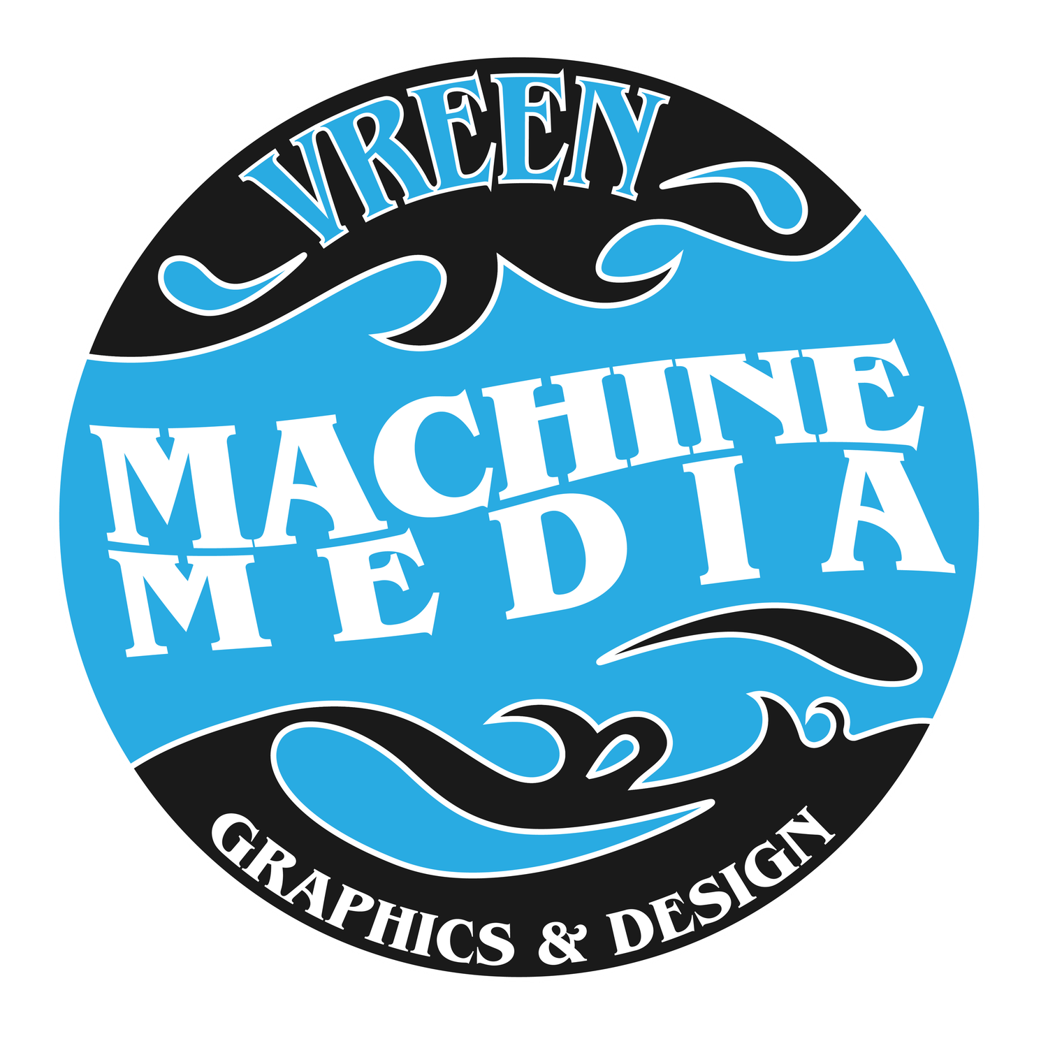 Circular blue and black logo designs for Wren Machine Graphics & Design featuring stylized text and decorative elements.