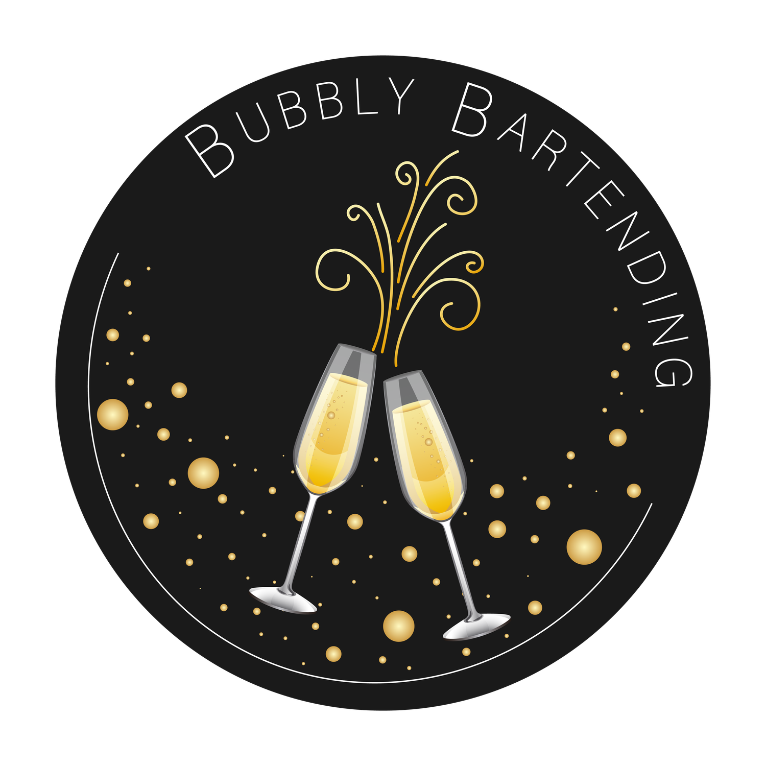 Elegant black and gold champagne glass design elements with bubbles and sparkles on oval labels.