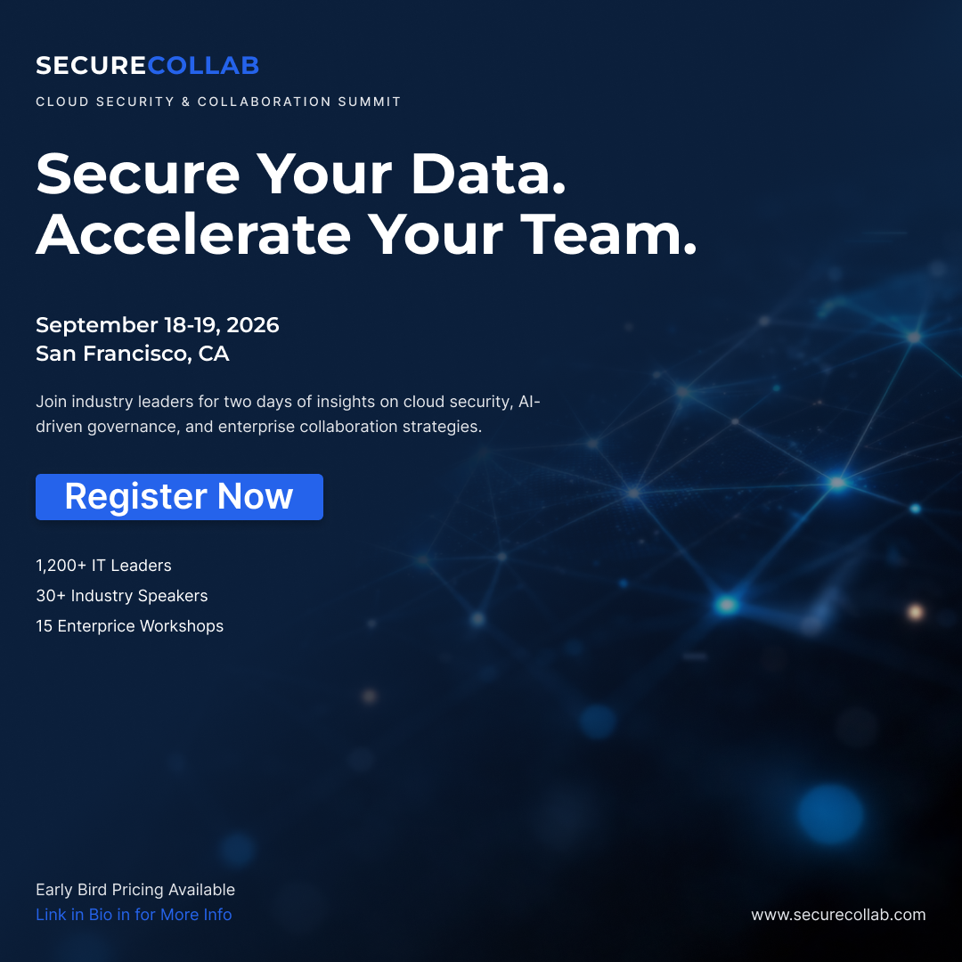 Dark blue promotional banner for SecureCollab cloud security summit in San Francisco with glowing network effects.