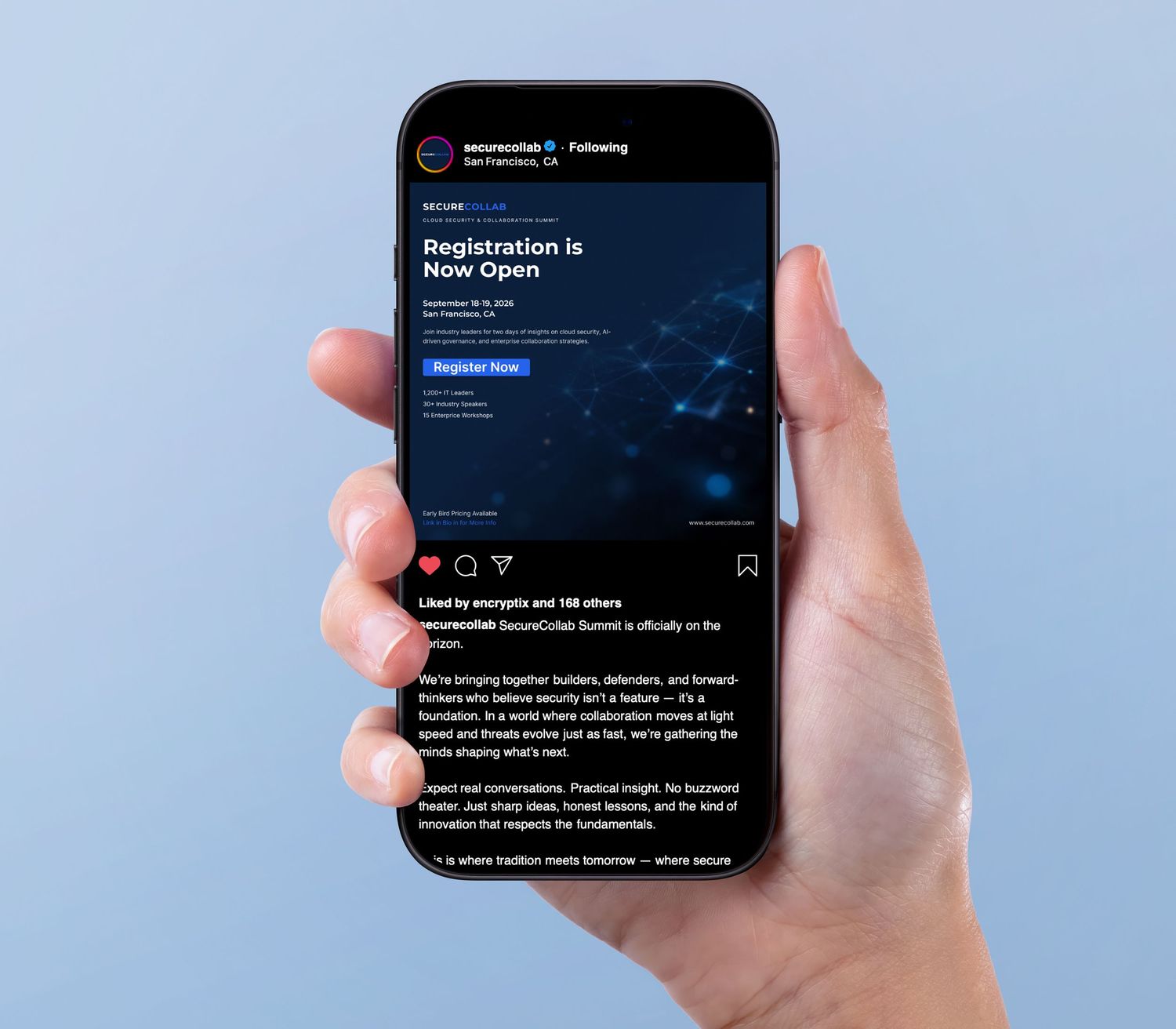 Hand holding smartphone displaying dark mode registration screen interface with blue text and buttons.