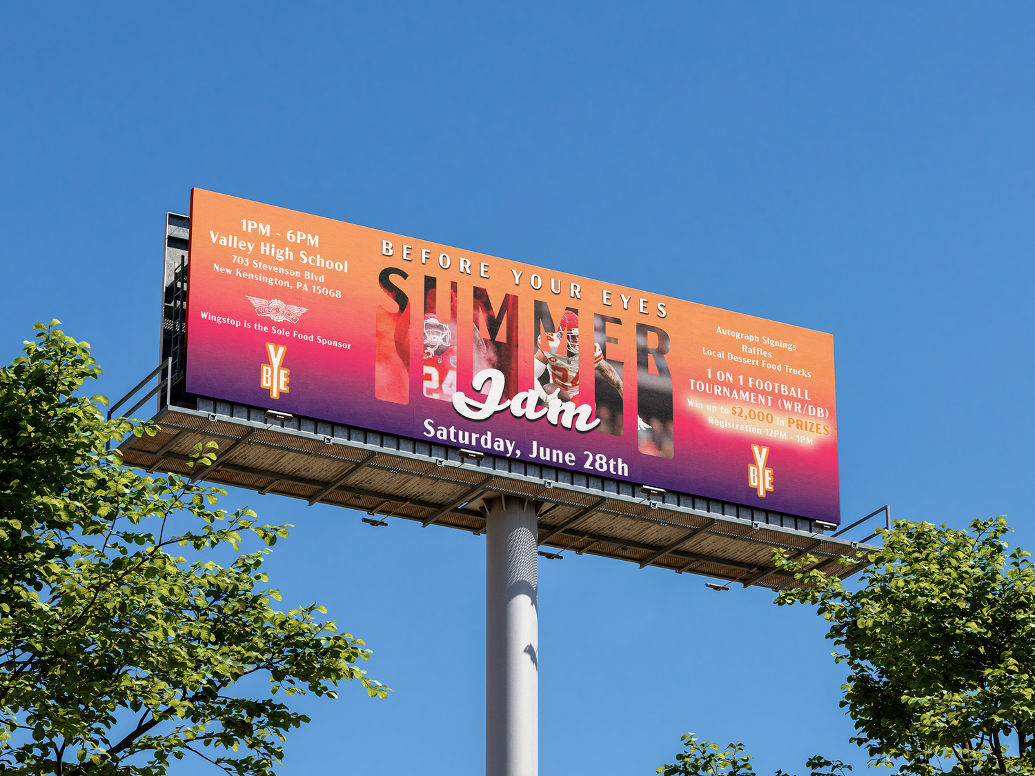 A series of colorful outdoor advertising billboards against a blue sky with green trees in the foreground.