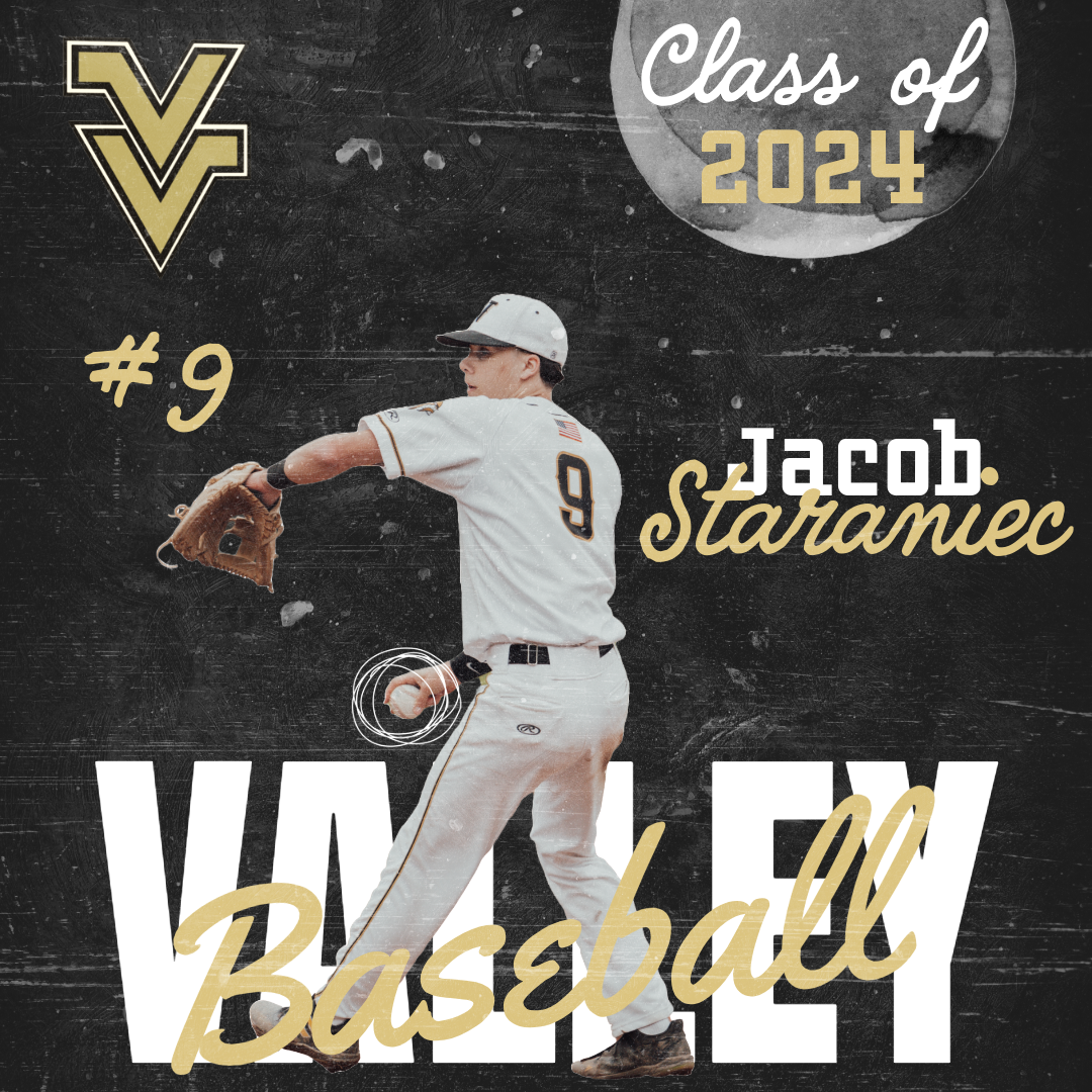 Baseball player in white uniform pitches from the mound during a game, with gold and black design elements overlaid.
