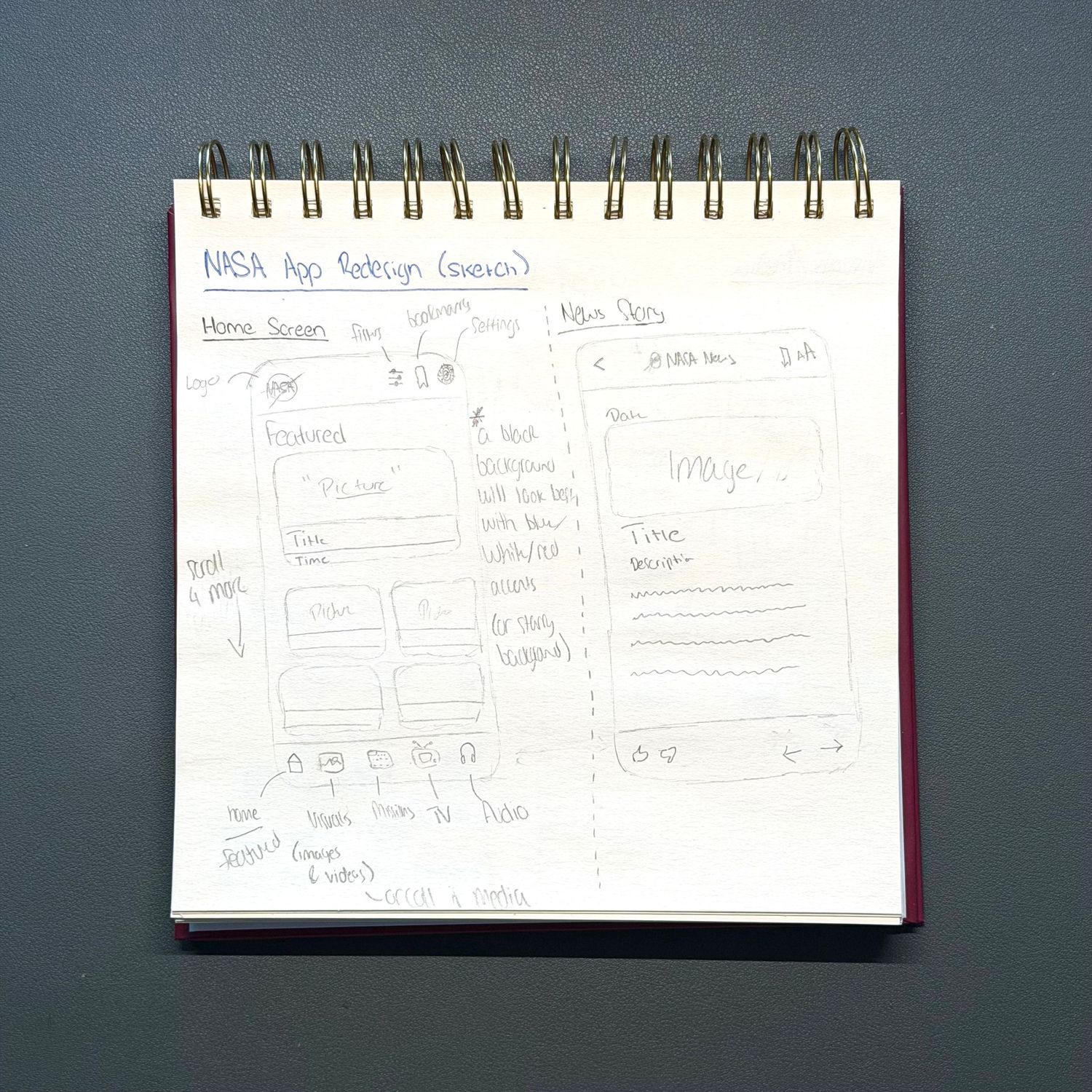 Spiral notebook with hand-drawn sketches and wireframes on white paper against a dark background.