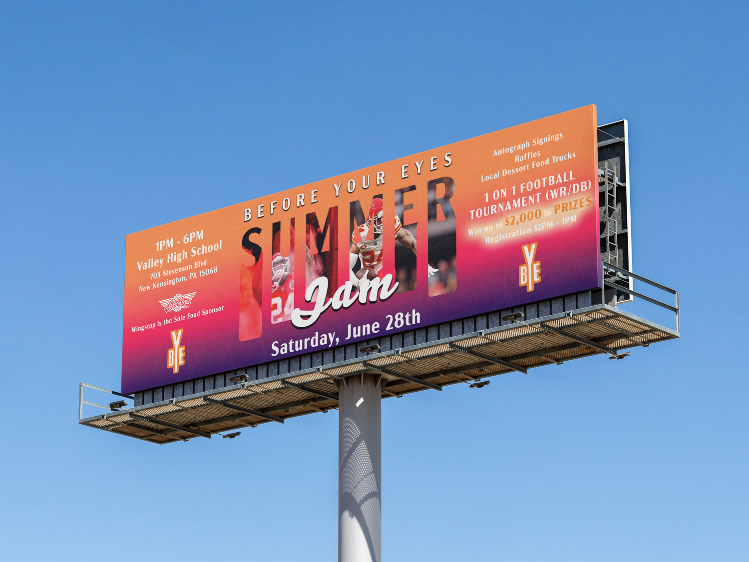 Orange and pink billboard advertising 'Summer 19th' with musical notes against a sunset skyline background.