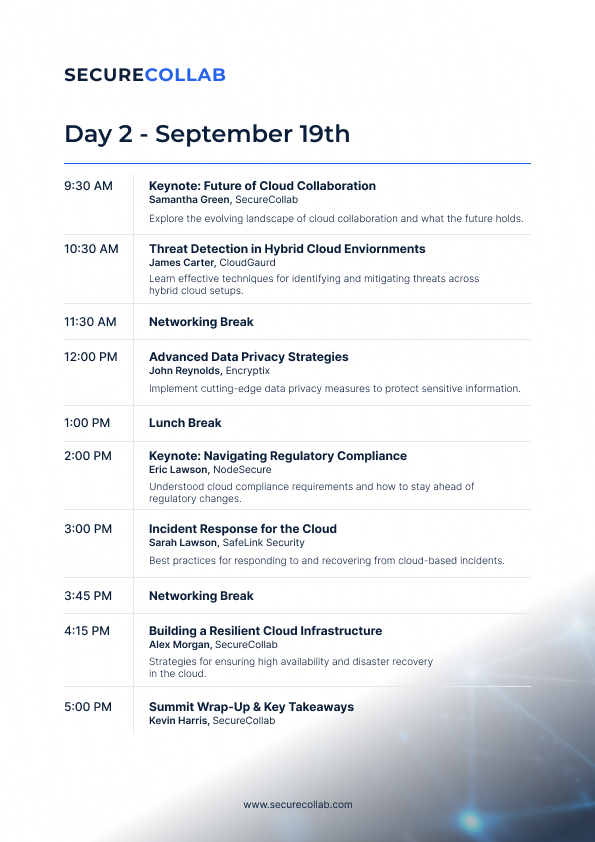 Conference agenda schedule showing Day 2 sessions for SecureCollab event with cloud security and compliance topics.