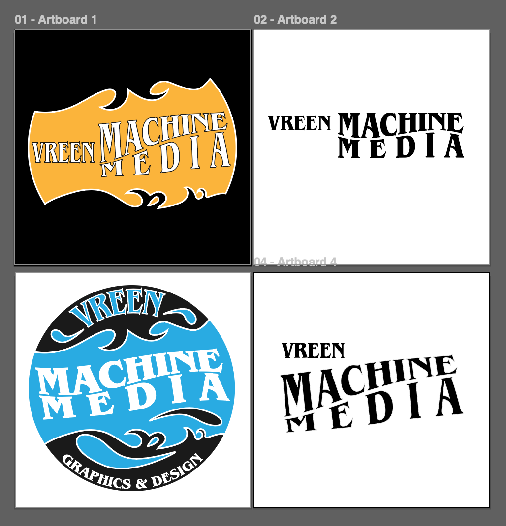 A collection of black and white logo variations for Vreen Machine Media featuring stylized text and decorative elements.
