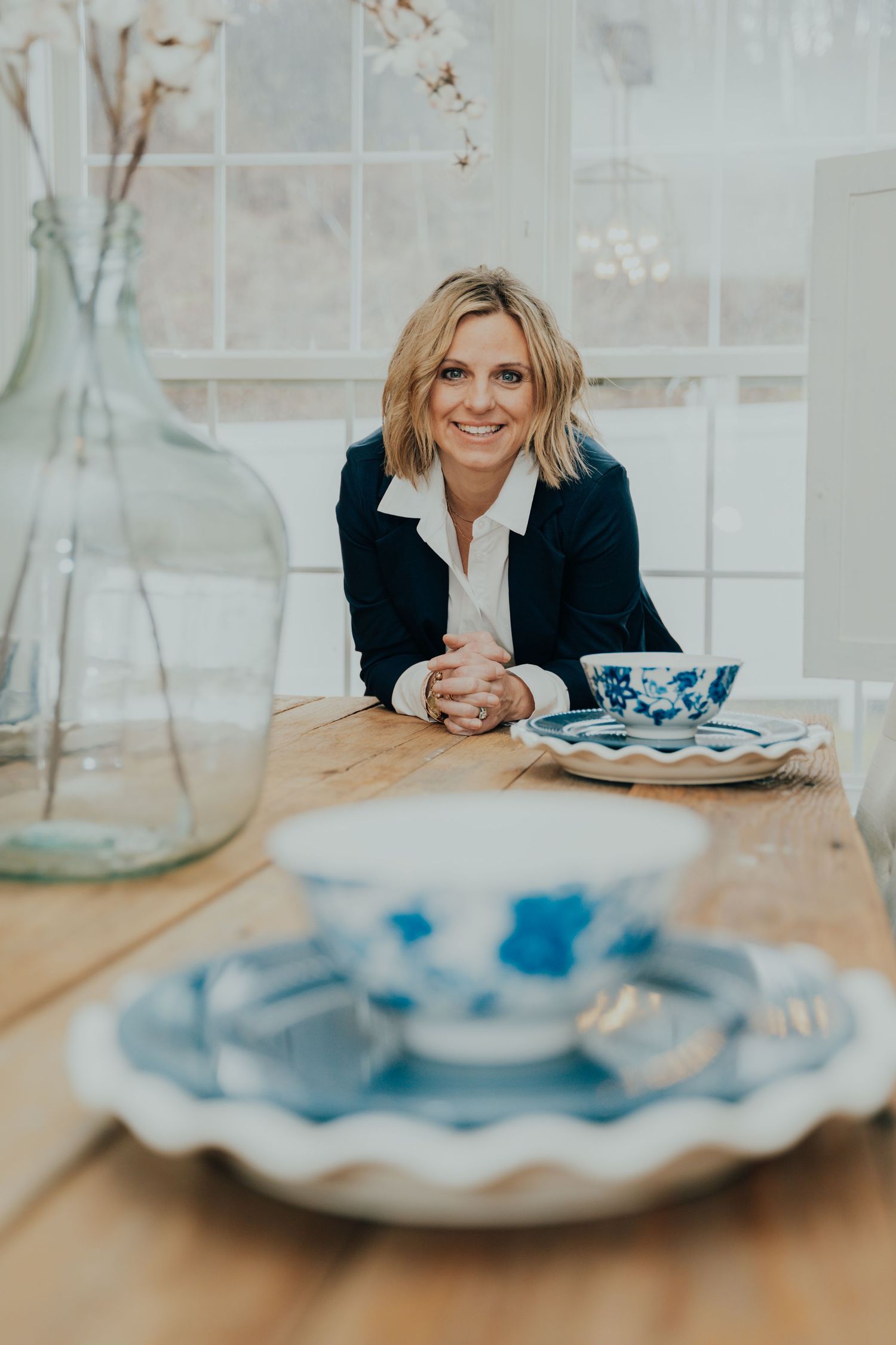 Series of lifestyle images showing person enjoying tea with blue and white china.