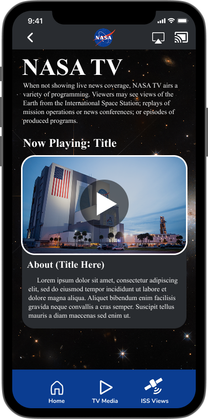 NASA TV app interface mockup showing navigation tabs and video player screens with space-themed content and mission views.