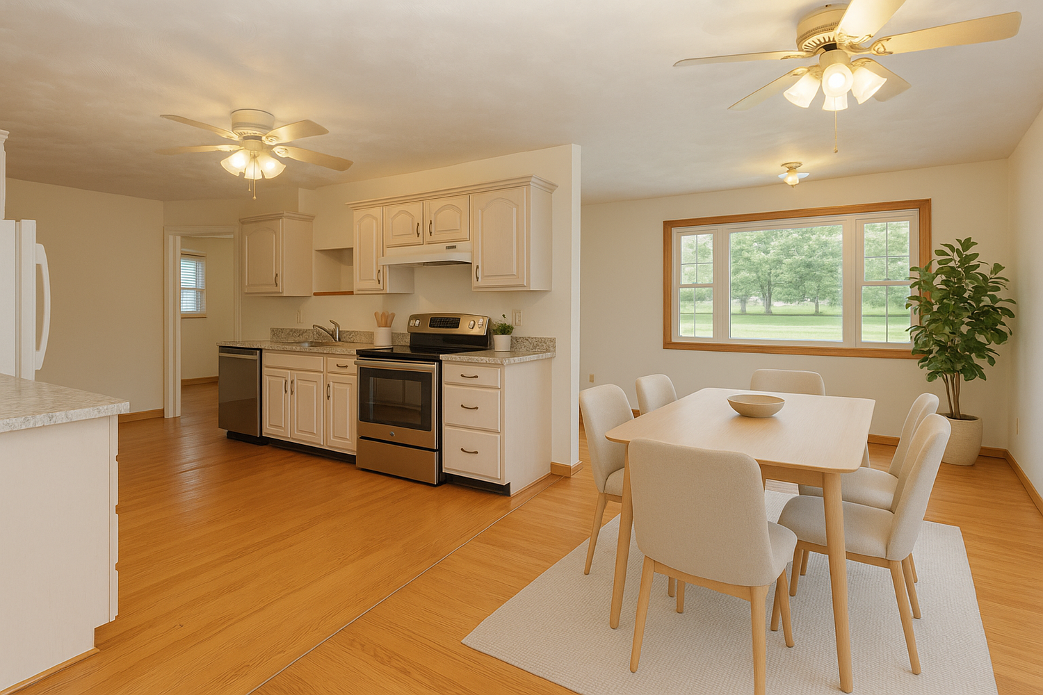 Modern open concept kitchen and dining area with white cabinets, hardwood floors and large window overlooking backyard.
