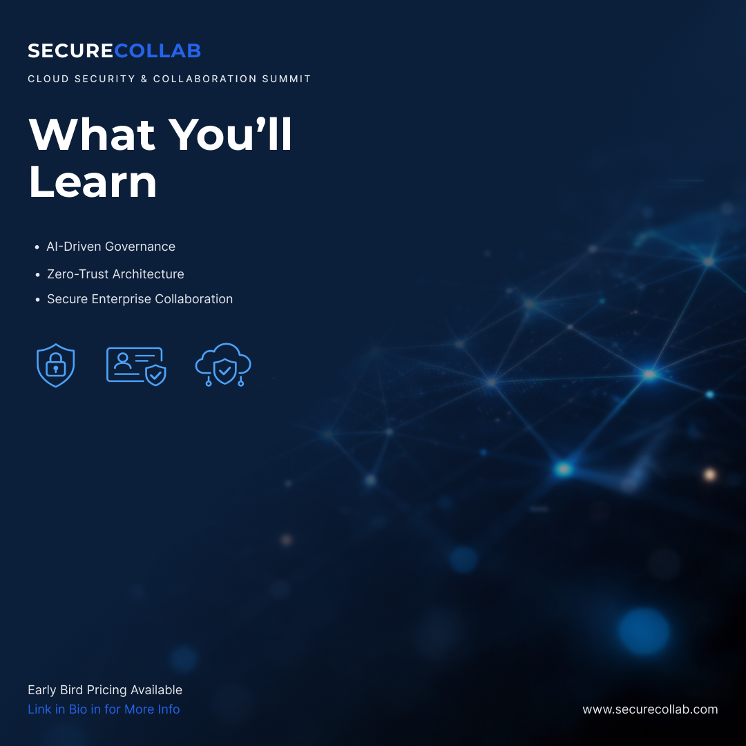 SecureCollab learning topics banner featuring AI governance and security icons on deep blue background with light effects.