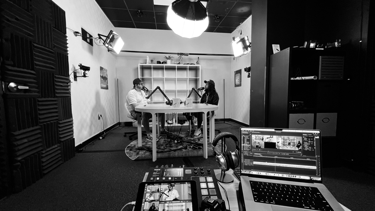 Black and white photo series showing recording studio equipment and control room setup with mixing console and monitors.