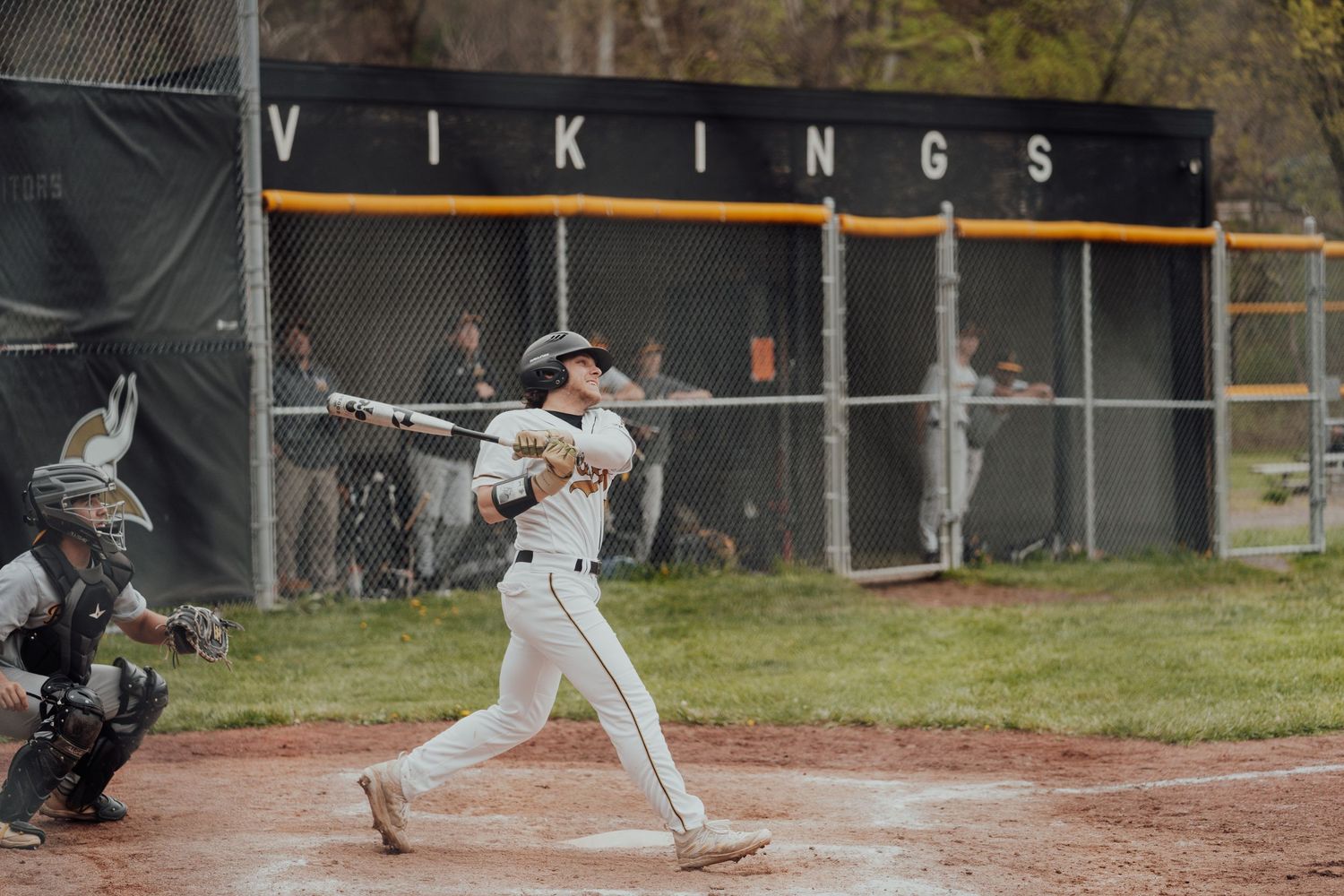 Baseball player at bat with catcher and umpire at home plate during a Vikings game.