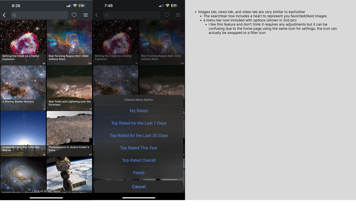 A series of mobile phone screenshots showing various night sky and astronomy photography interface screens.