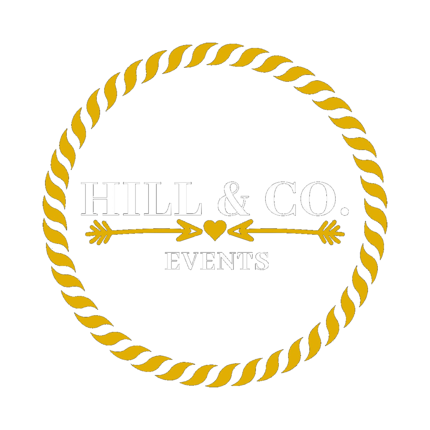 White and gold circular logo for Hello & Co Events with arrows and rope border design.