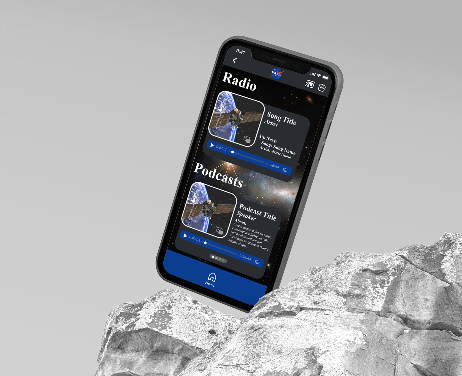 Mobile phone screens showing dark mode interface designs against a snowy mountain backdrop.