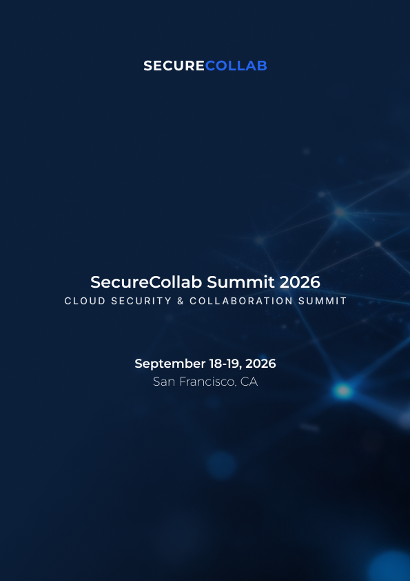 SecureCollab Summit 2026 event banner featuring cloud security and collaboration summit details on dark blue background.