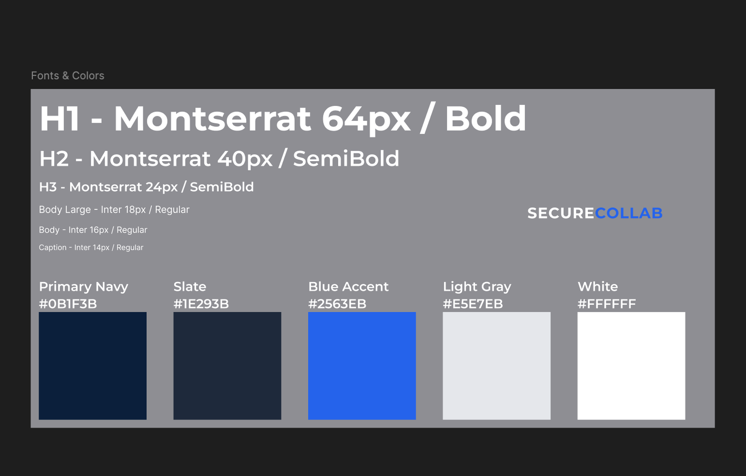 A color palette showing typography styles with Montserrat font samples and a range of blue and gray swatches.