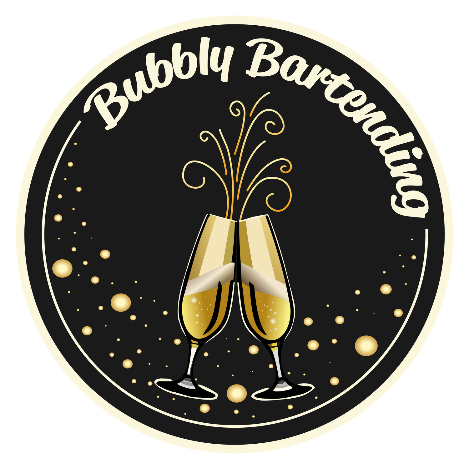 Elegant black and gold champagne toast design elements with bubbles and swirls on circular badges.