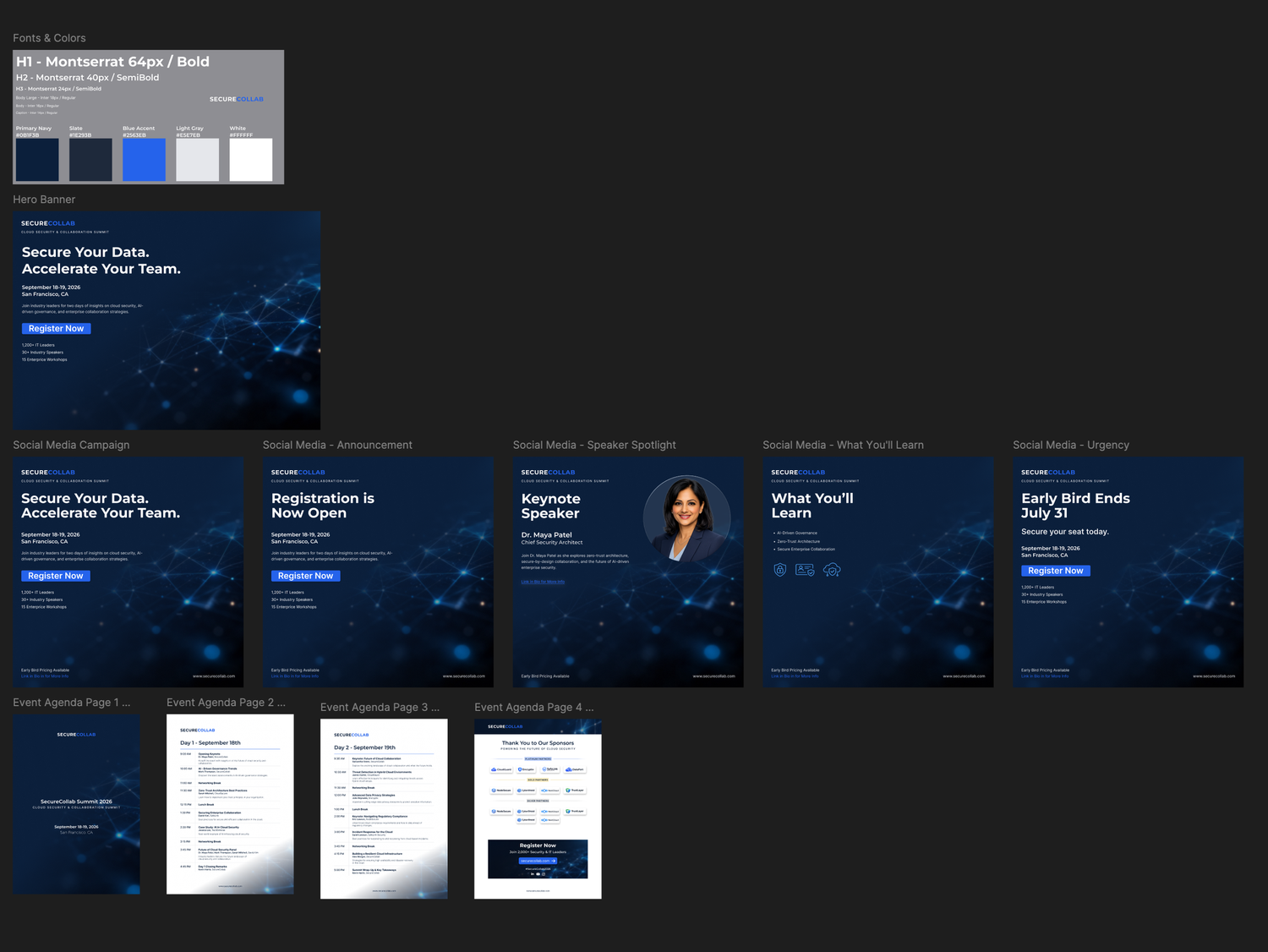 Dark blue website mockup screens showing navigation menu and content layout for a digital interface design.