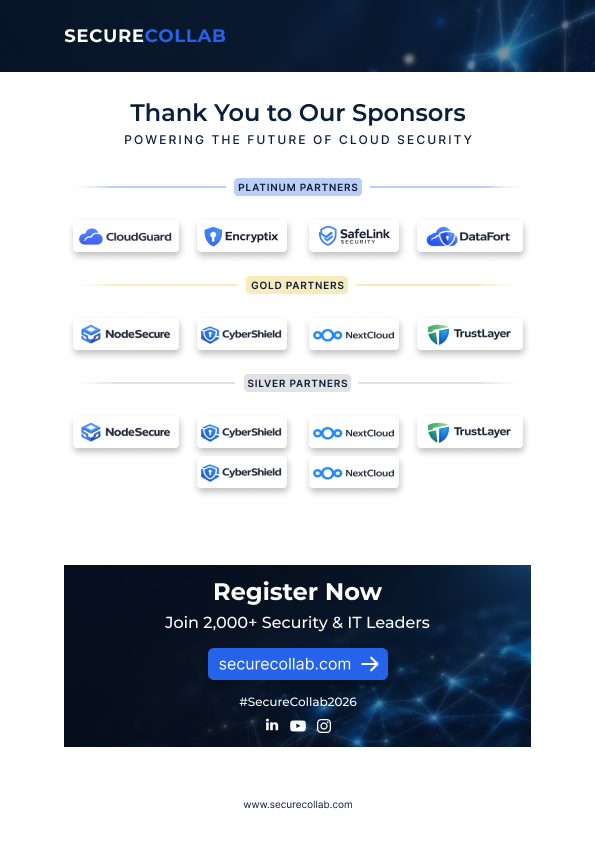 A dark blue tech conference banner showing sponsor logos and registration button for SecureCollab security event.
