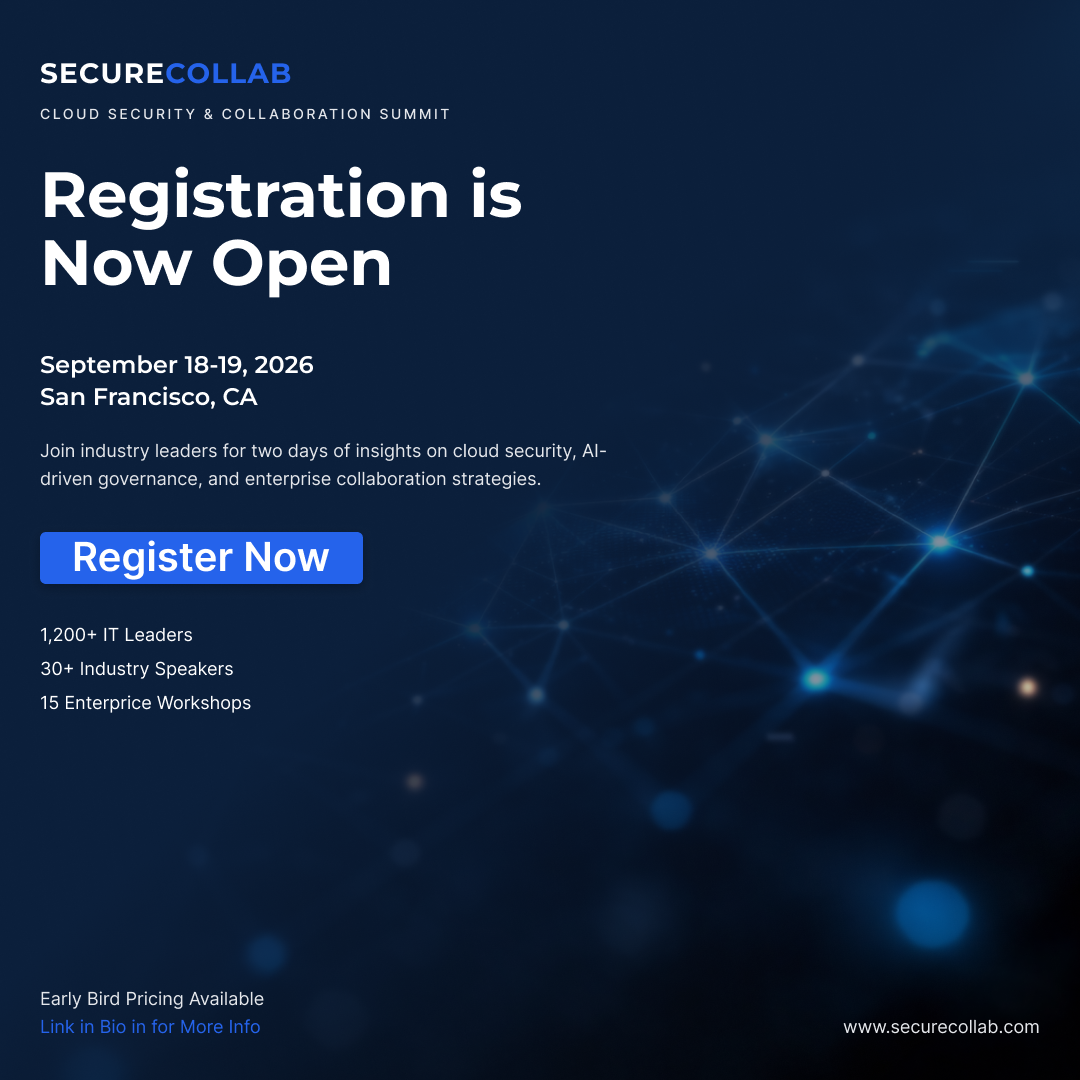 Dark blue banner for SecureCollab cloud security summit with glowing network nodes and registration details.
