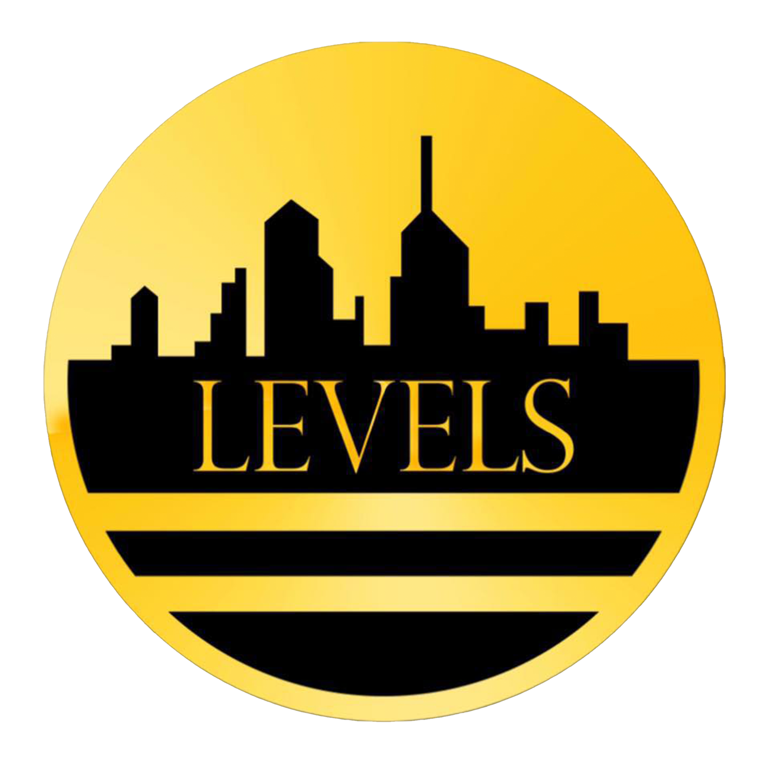 City skyline silhouette against yellow circle with LEVELS text underneath.
