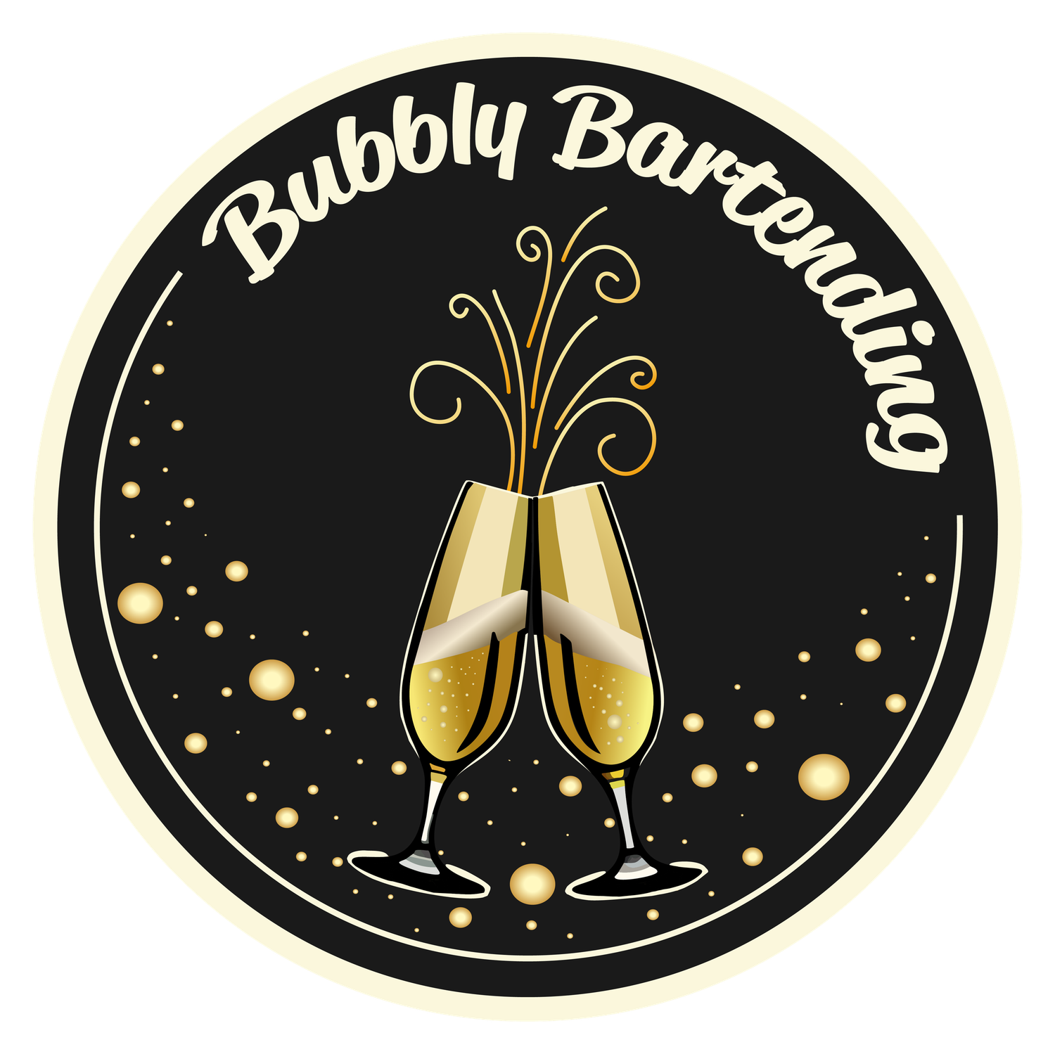 Elegant black and gold circular logo for Bubbly Bartending featuring clinking champagne glasses.