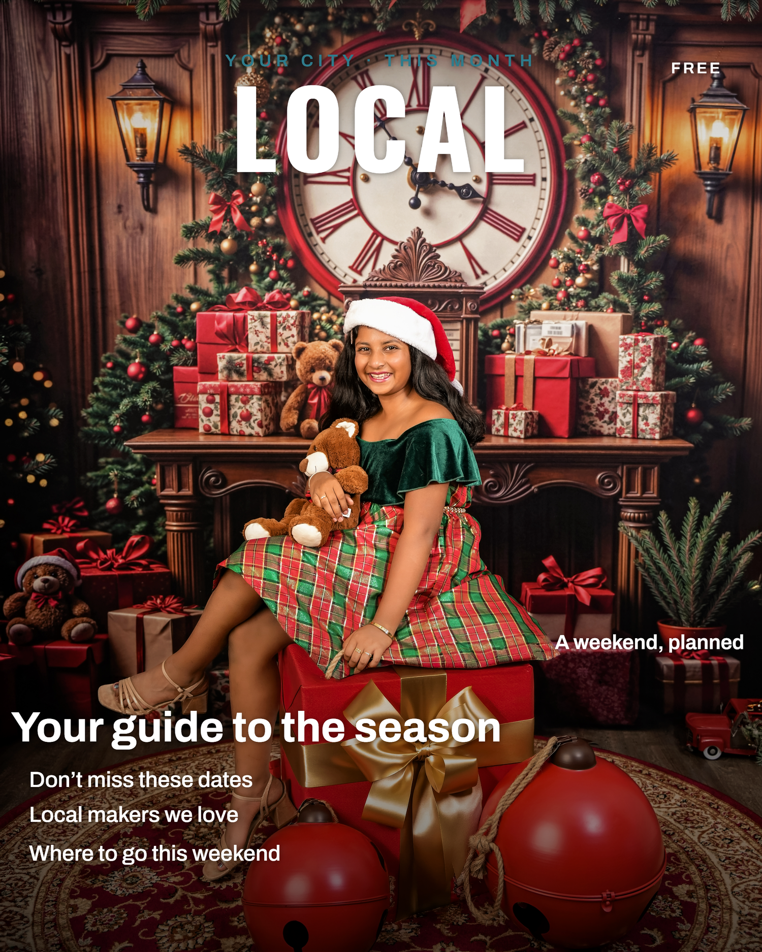 LOCAL magazine Christmas holiday guide cover featuring a woman in festive plaid dress and Santa hat with gifts.