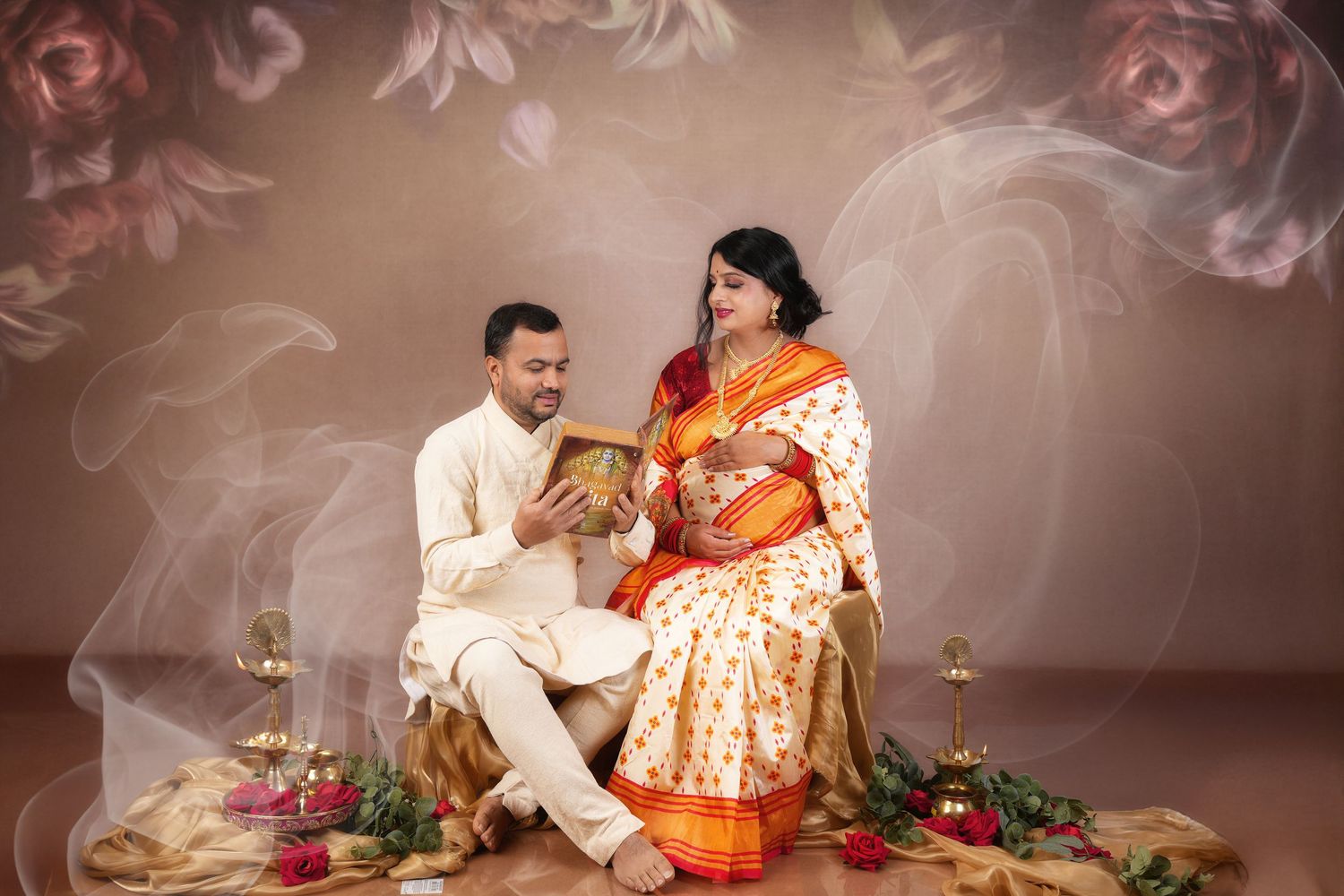 Traditional Indian wedding ceremony featuring cultural rituals and floral decorations in a warm-toned indoor setting.