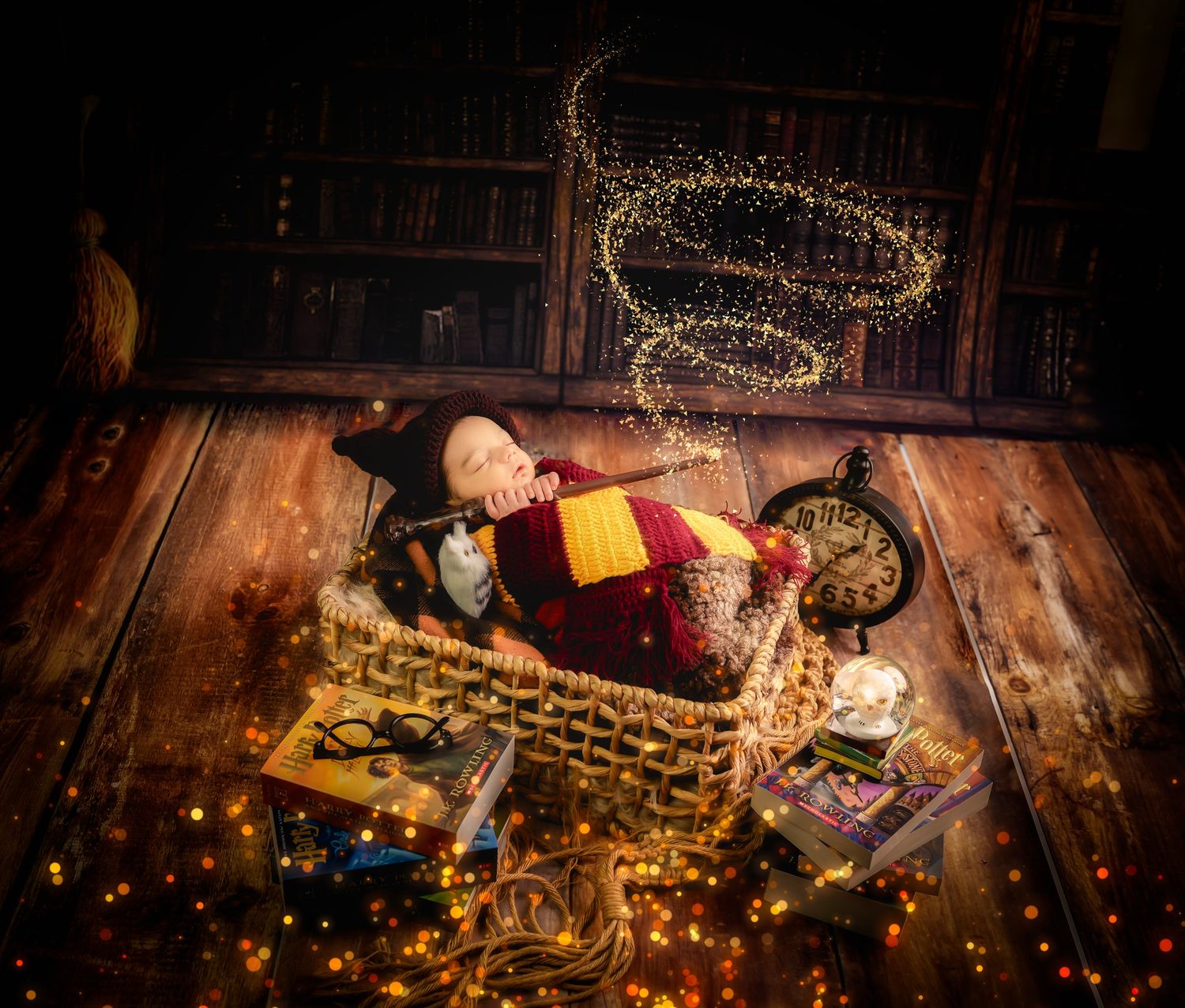 Overhead view of engaged couple lying on rustic wooden floor surrounded by romantic candle lights and rose petals.