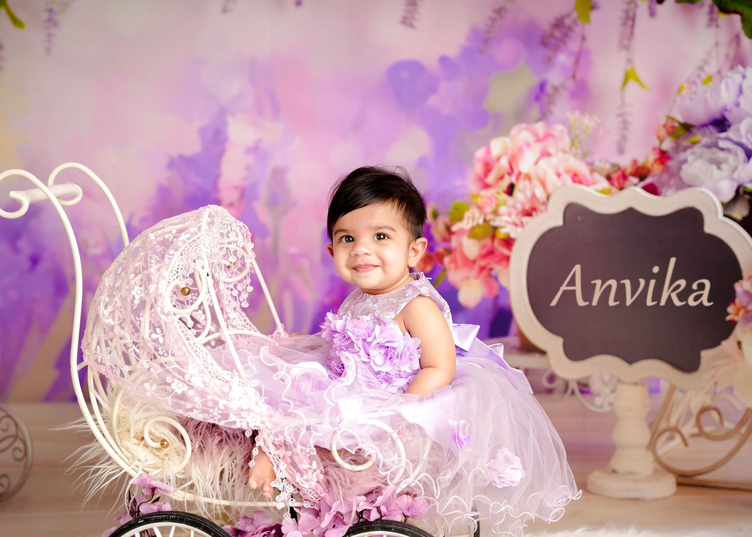 Delicate pink and white decorative elements with lace patterns against a soft purple background.