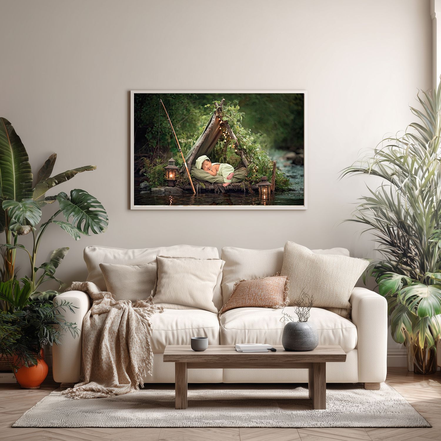 Framed forest nursery art print displayed above a beige sofa in a cozy living room with tropical plants.