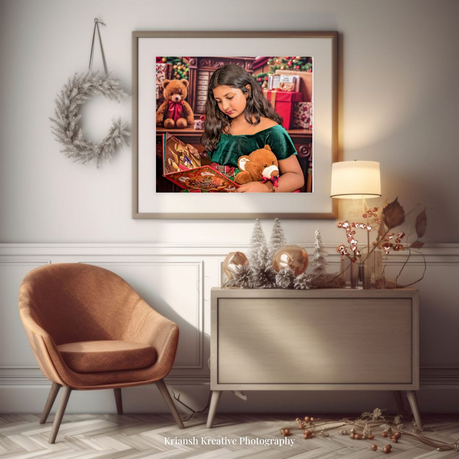 A framed portrait of a girl in a green dress holding a stuffed animal, displayed above a dresser in a festive room.