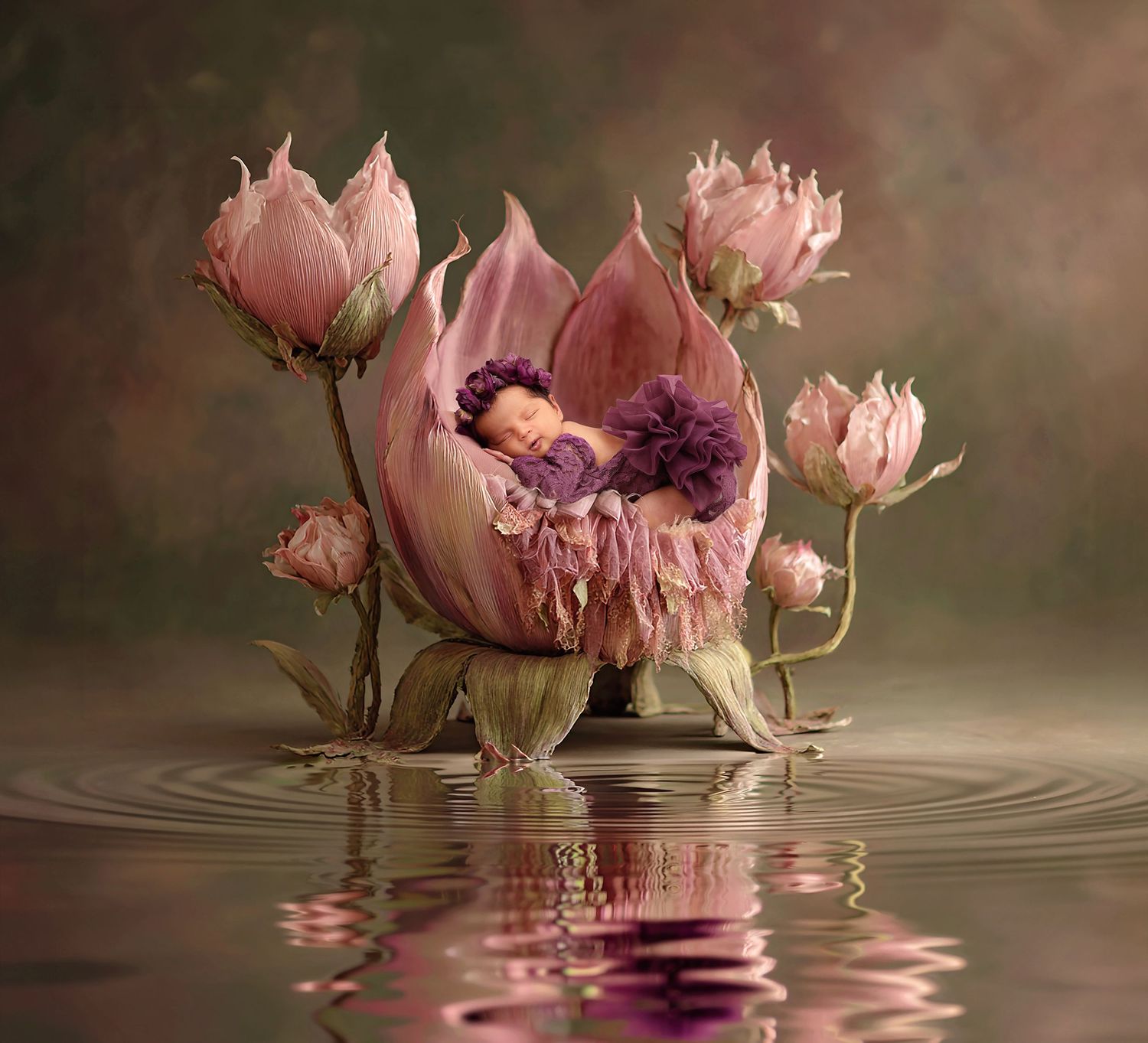 A sleeping newborn baby nestled in a pink lotus flower surrounded by buds reflected in calm water.