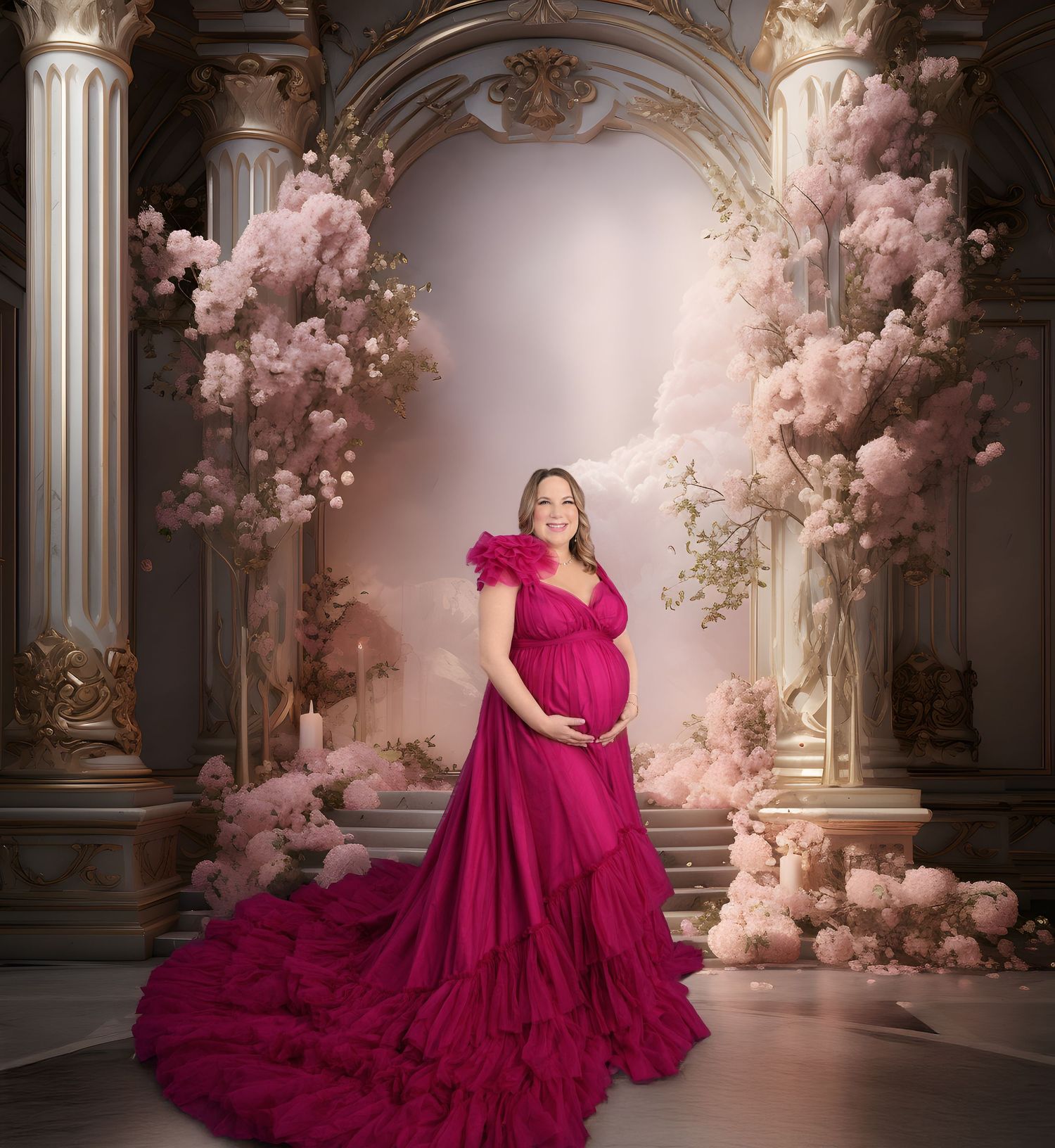 Ethereal maternity portrait in a luxurious pink and burgundy setting with classical architecture and cherry blossoms.