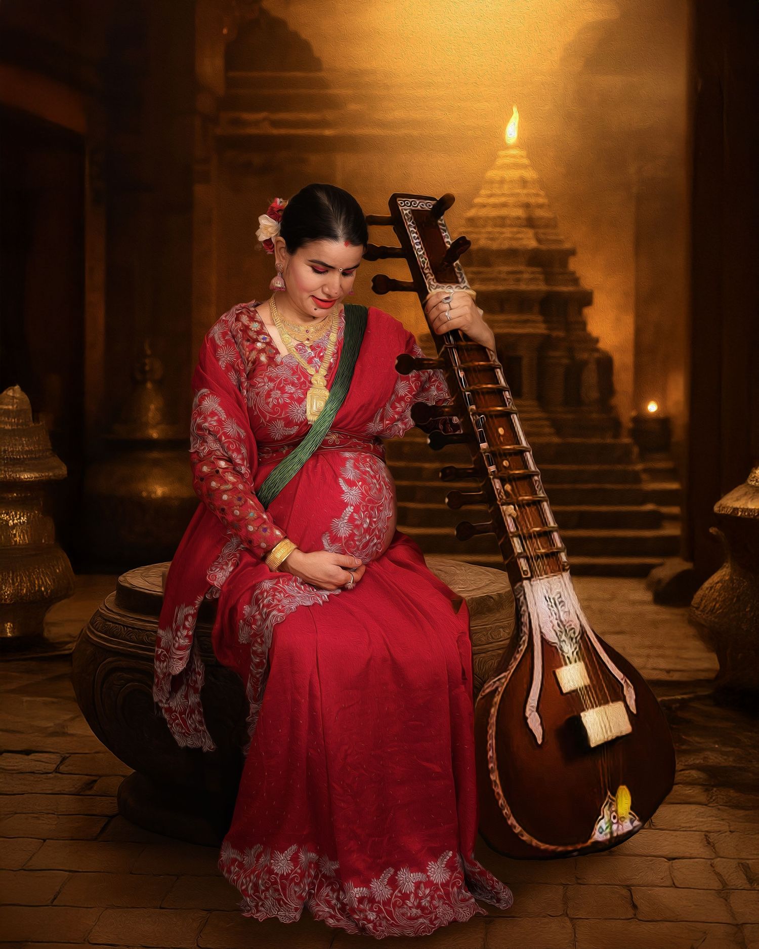 A woman in a red traditional dress poses with a sitar instrument in a warmly lit stone temple setting.