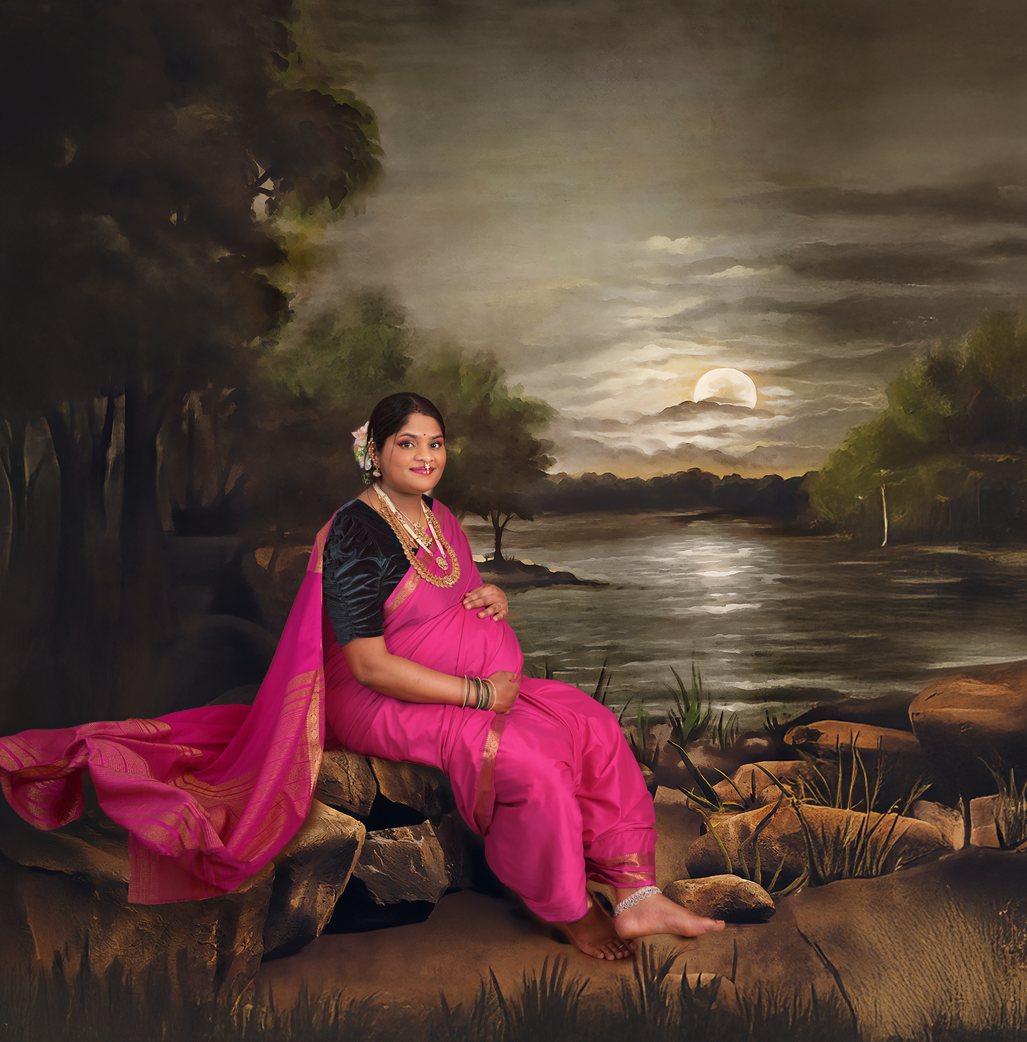 A figure in a flowing pink gown reclines gracefully across dramatic coastal rocks under a moody evening sky.