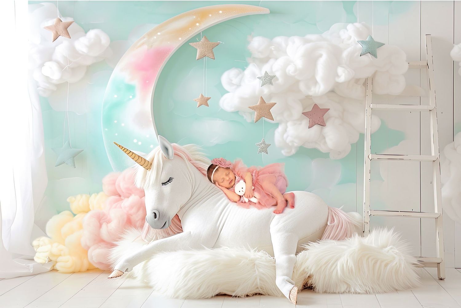Dreamy nursery scene with baby sleeping on decorative unicorn surrounded by stars, clouds and a crescent moon backdrop.