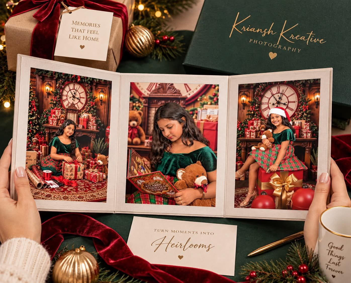 A festive Christmas photo album by Kriansh Kreative Photography featuring a girl in holiday portraits with gifts and decorations.