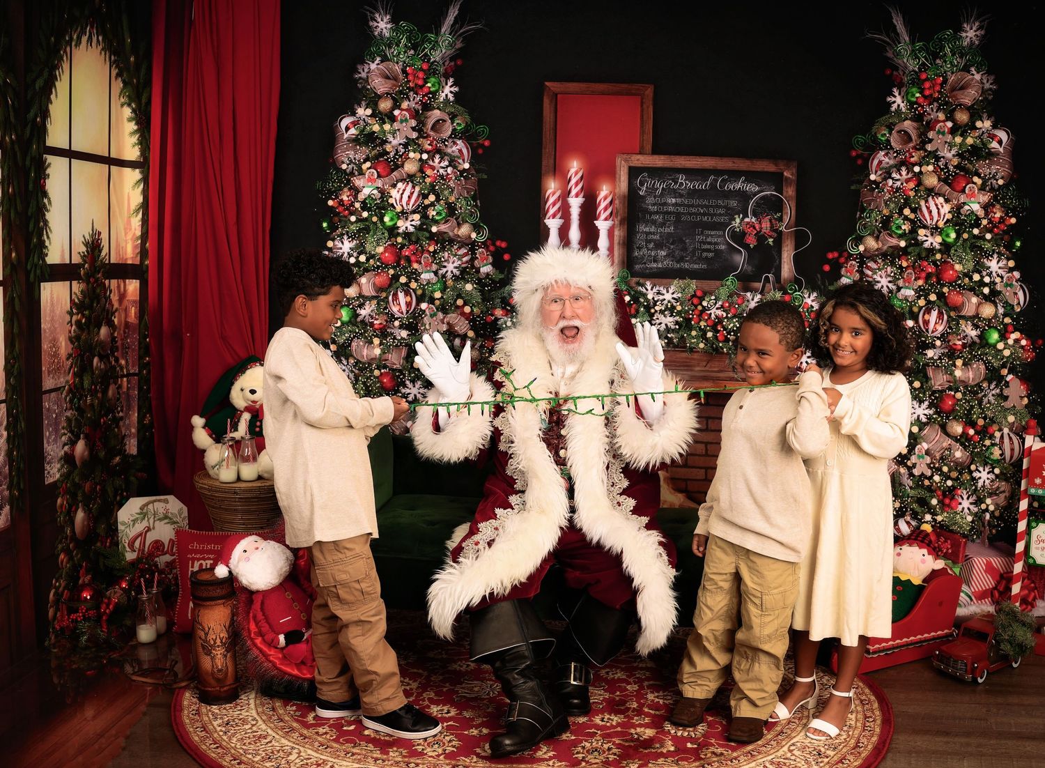 Festive holiday scene with children visiting Santa Claus between two beautifully decorated Christmas trees.