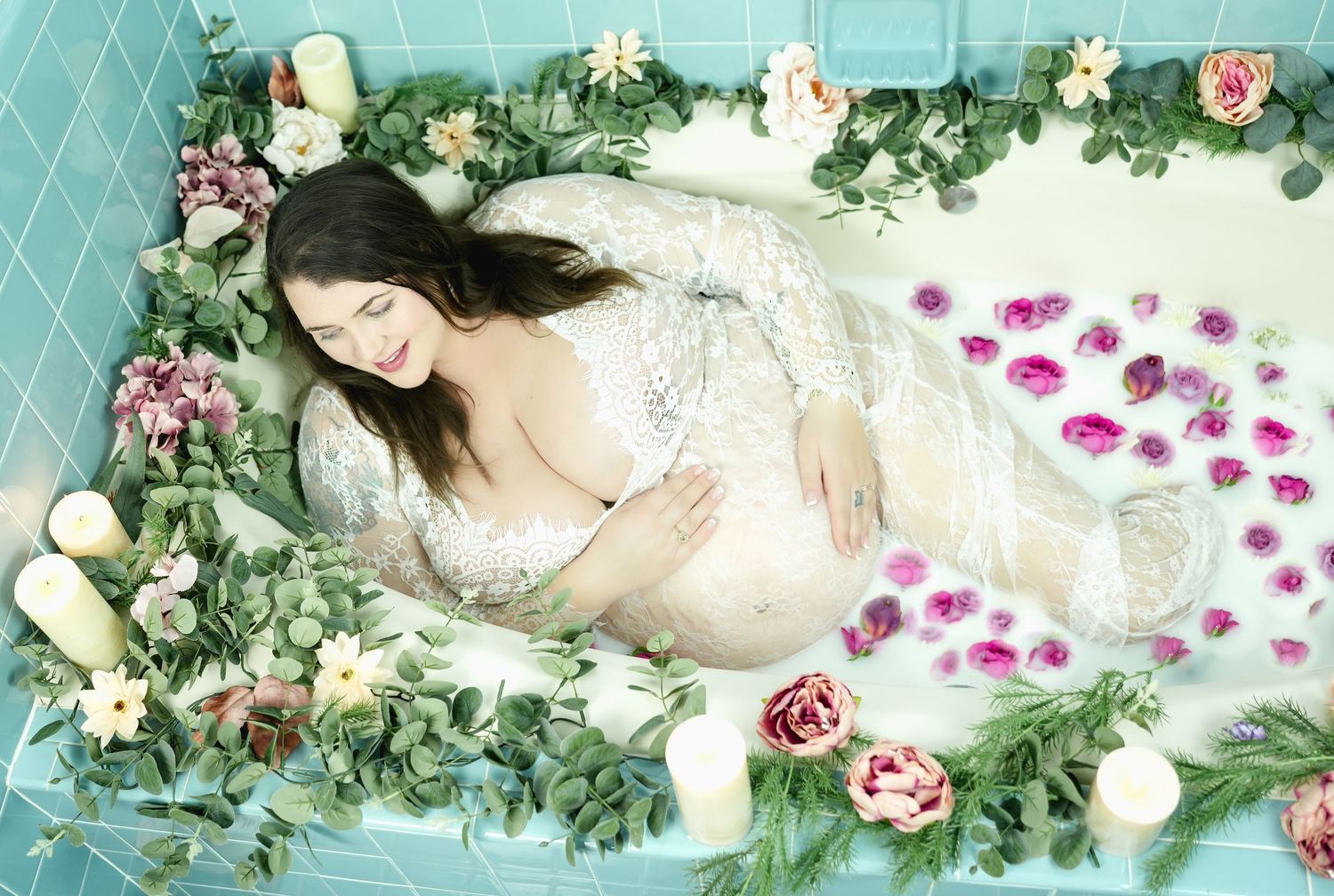 A dreamy floral banner with pink roses, white petals and green vines creating a soft nature-inspired composition.