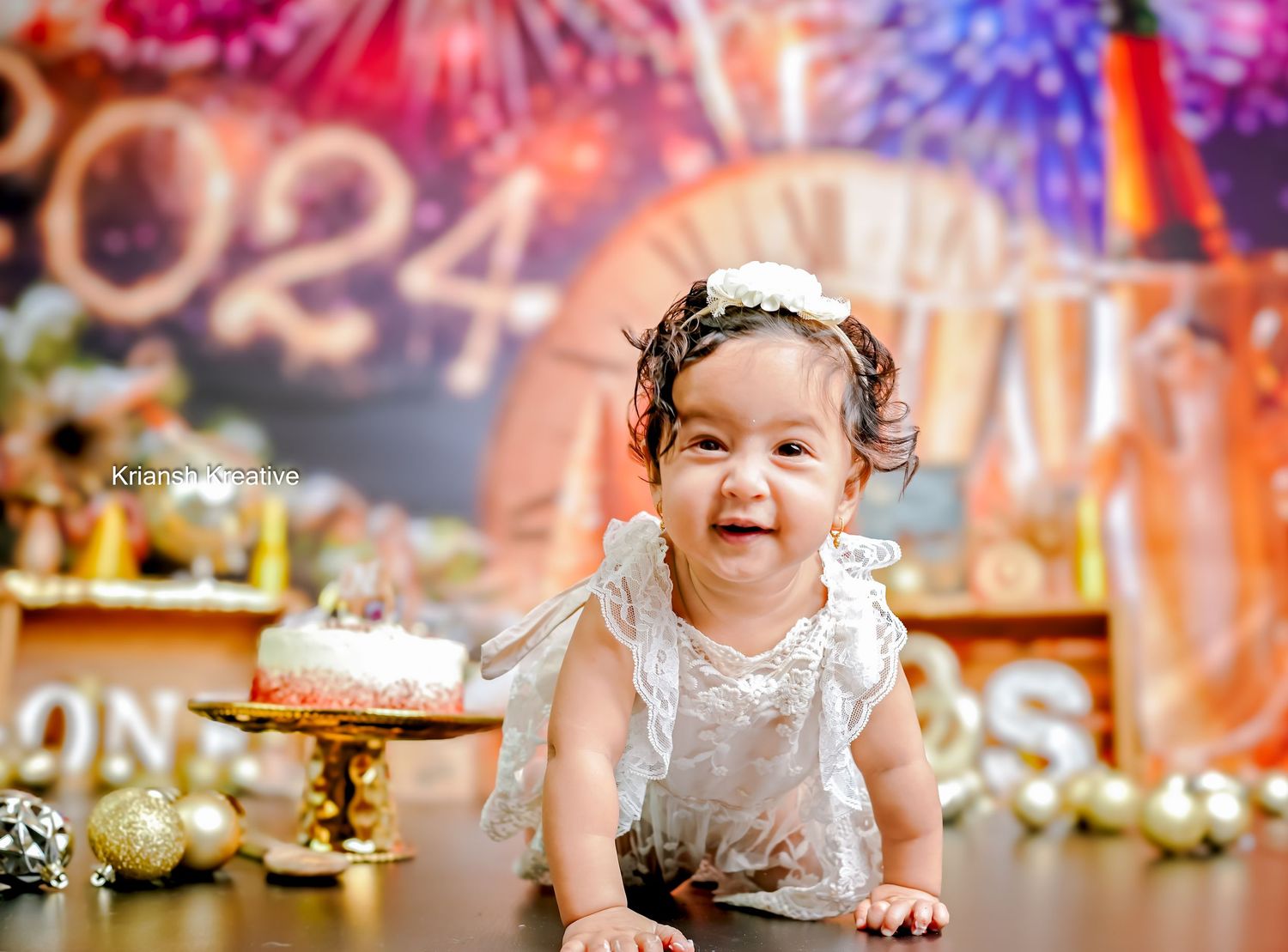 A series of colorful photos show glimpses of a joyful cake smash photo session celebrating a baby's first birthday milestone.